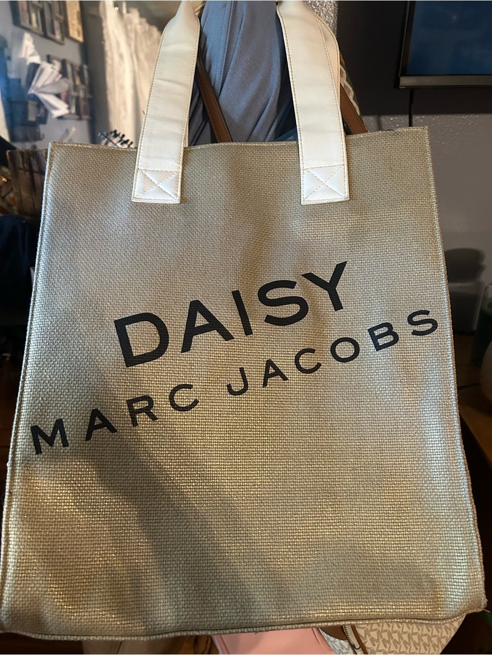 Marc Jacobs Gold Daisy Canvas Messenger Tote with White Handles